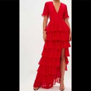 Red Chiffon Ruffle Layer Maxi Dress by Pretty Little Thing